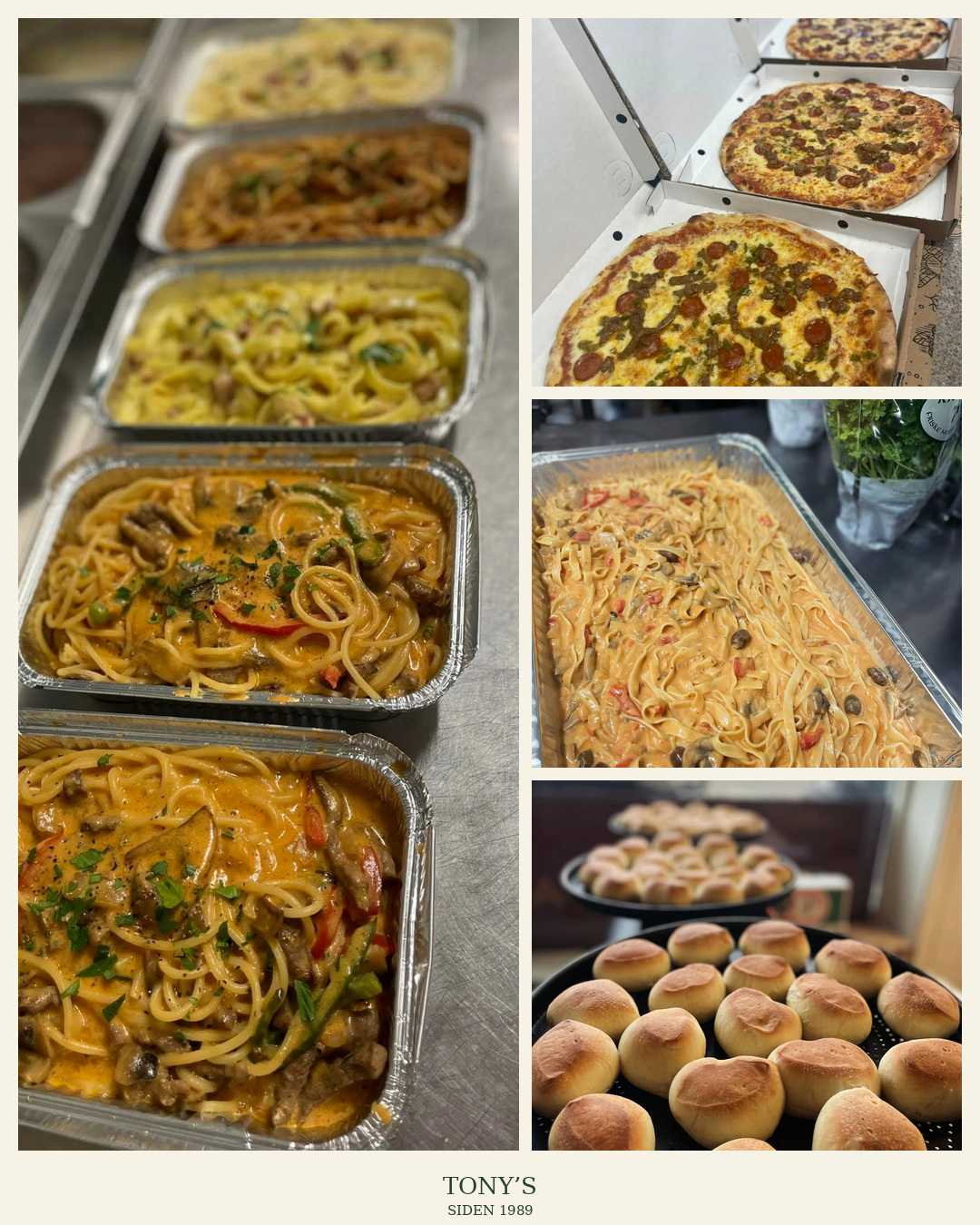 Catering fra Tony’s med pastaretter i porsjonsformer og store fat, pizza i esker og nystekte rundstykker