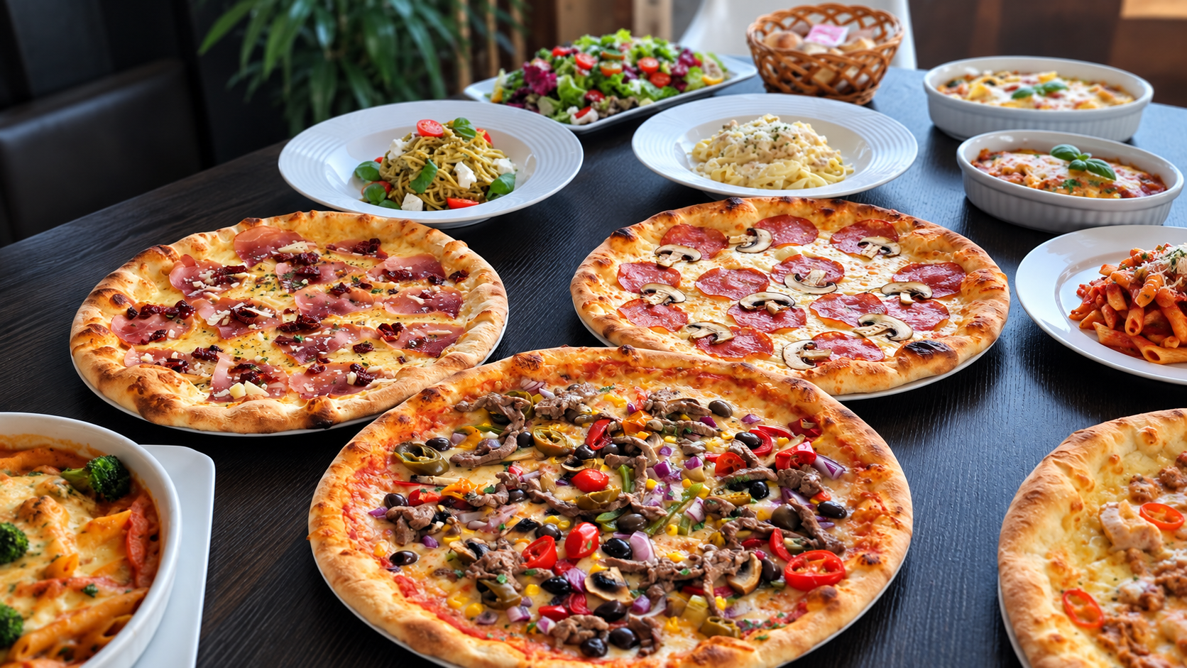 Et bord dekket med pizza, pasta og salat fra Tony’s